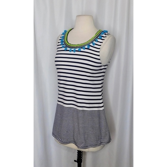 Anthropologie ONE SEPTEMBER Striped Tank Top Pom Poms Navy White Boho Small - Picture 6 of 13